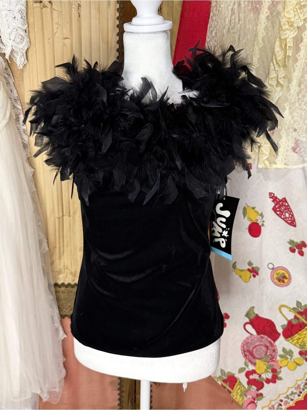 Vintage 80’s Jump Black Velvet Camisole with Feather Trim